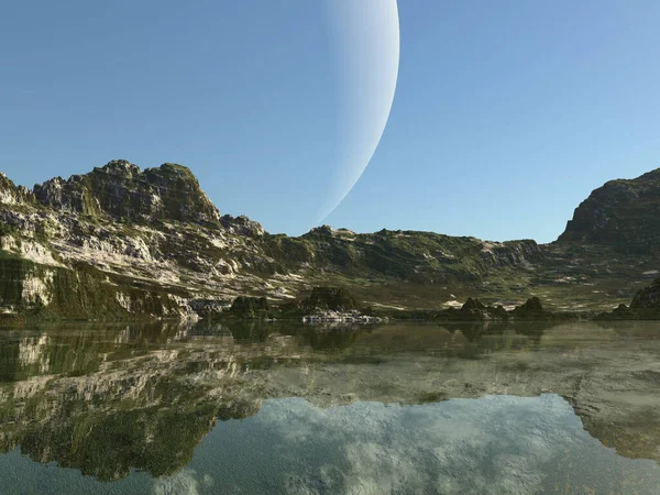Paisagem Mundo Distante Com Planeta Céu — Fotografia de Stock
