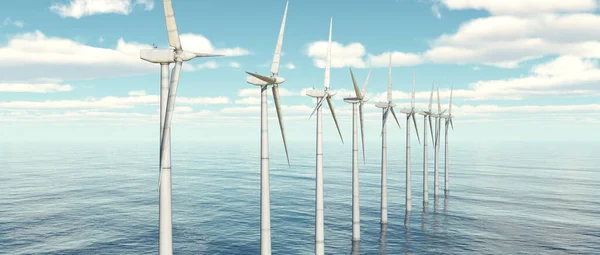 Turbinas Eólicas Offshore Céu Azul Com Nuvens — Fotografia de Stock