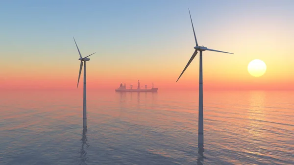 Offshore Windturbinen Und Frachtschiff Bei Sonnenuntergang — Stockfoto