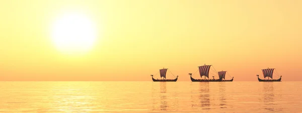 Wikingerschiffe Der Ferne Bei Sonnenuntergang — Stockfoto