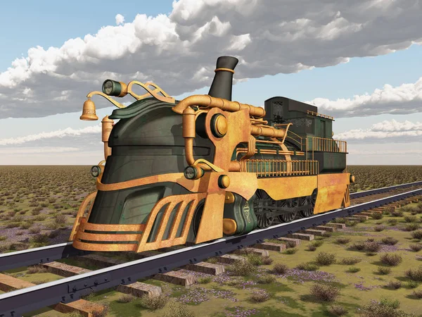Locomotiva Steampunk Uma Paisagem — Fotografia de Stock