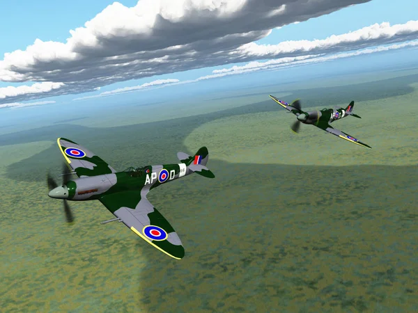 Dois Aviões Caça Britânicos Segunda Guerra Mundial Sobre Uma Paisagem — Fotografia de Stock