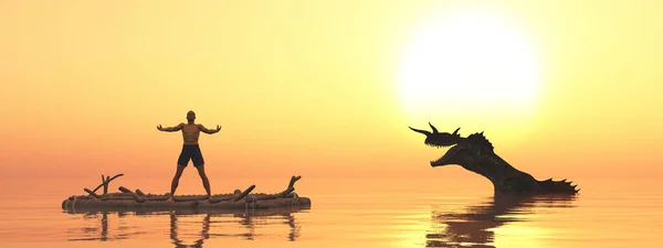 Rozbitek Tratwie Potwór Morski Zachodzie Słońca — Zdjęcie stockowe