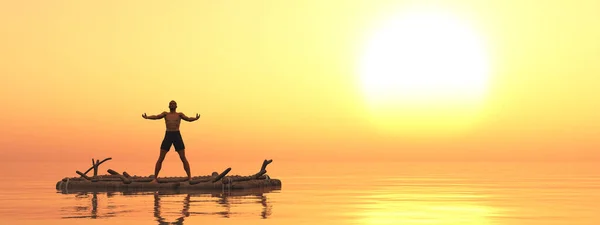 日落时在木筏上的弃船者 — 图库照片