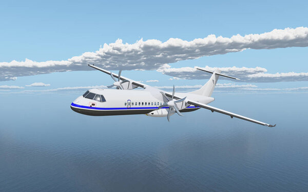 Двухмоторный турбовинтовой региональный авиалайнер над морем