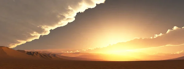 山のある砂漠の風景の上の夕日 — ストック写真