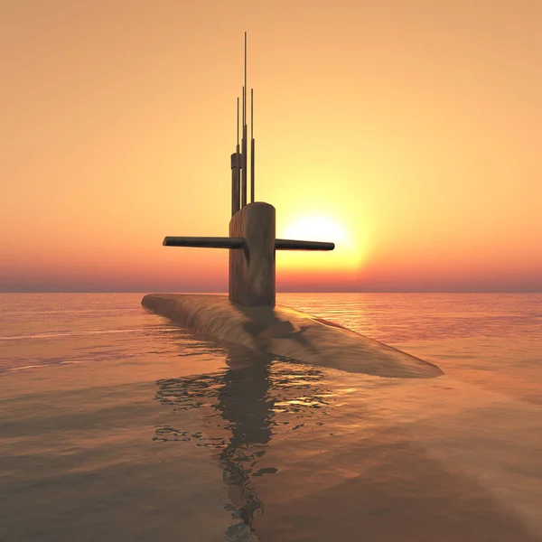 日落时在公海上的现代潜艇 — 图库照片
