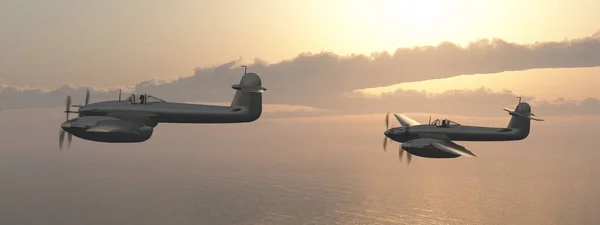 两架二战英国战斗机日落时飞越海面 — 图库照片