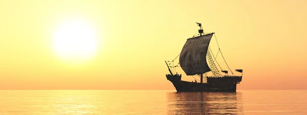 日没時のコグ船 — ストック写真