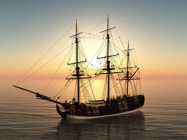 Statek Żaglowy Przy Kotwicy Zachodzie Słońca — Zdjęcie stockowe