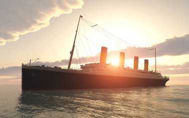 Historic passenger ship RMS Titanic on the high seas at sunset clipart
