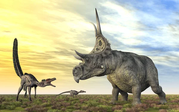 Velociraptor Diabloceratops Zachodzie Słońca — Zdjęcie stockowe