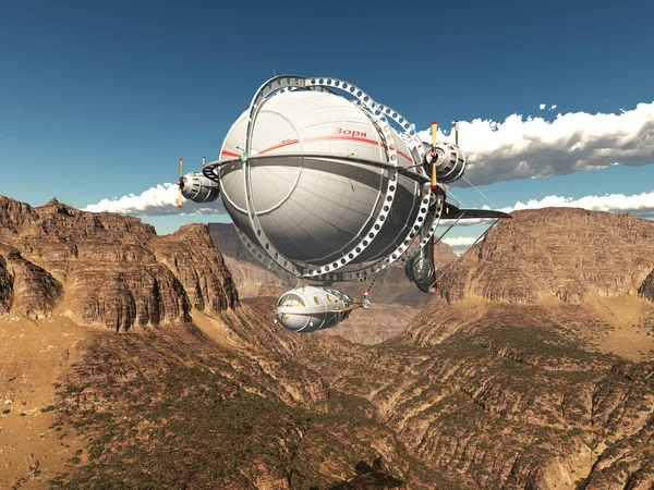 Φανταστικό Αερόπλοιο Πάνω Από Ένα Ορεινό Τοπίο — Φωτογραφία Αρχείου