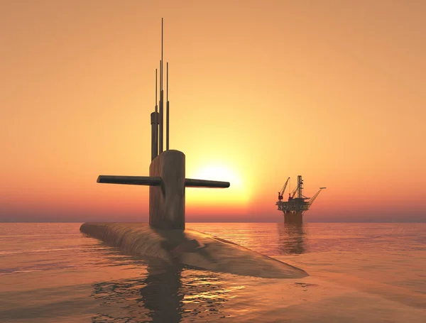夕暮れ時の外洋の近代的な潜水艦とオフショアプラットフォーム — ストック写真