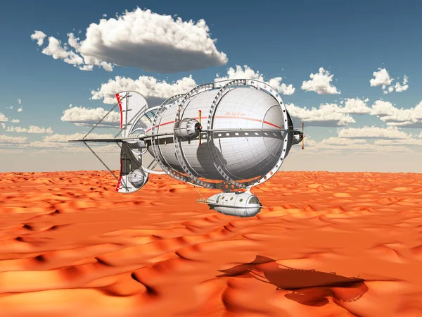幻想中的飞艇飞越红沙的沙漠 — 图库照片