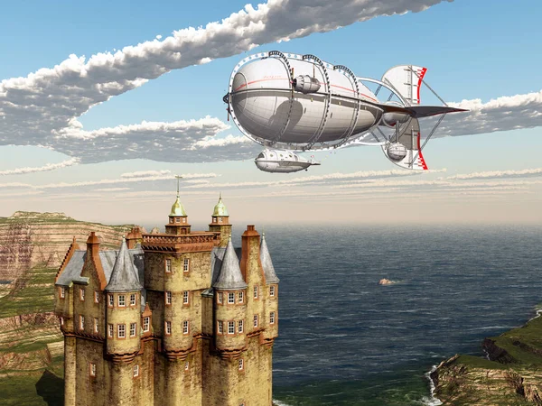 スコットランドの城の上の幻想的な飛行船 — ストック写真