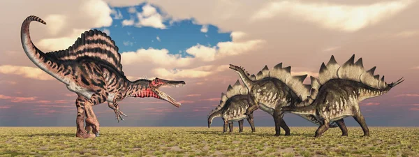 Dinozor Spinosaurus Stegosaurus Bir Arazide — Stok fotoğraf