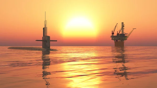 Günbatımında Açık Denizde Modern Denizaltı Açık Deniz Platformu — Stok fotoğraf