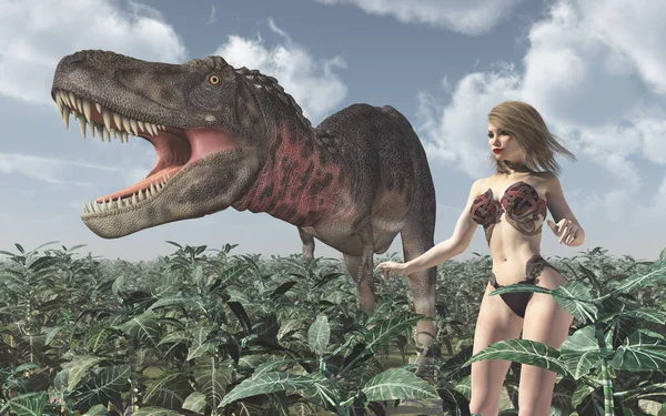 Dinosaurie Tarbosaurus Och Ung Kvinna Ett Landskap — Stockfoto