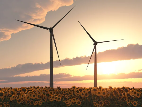 日落时向日葵地的风力涡轮机 — 图库照片