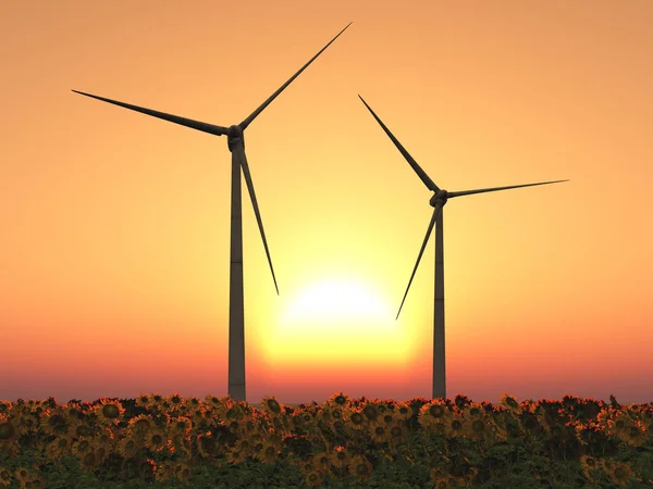 Günbatımında Ayçiçeği Tarlasında Rüzgar Türbinleri Telifsiz Stok Fotoğraflar