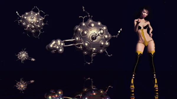 Художественный Рендеринг Космическими Кораблями Привлекательной Женщиной Футуристической Одежде Далеком Мире — стоковое фото
