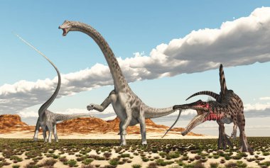 Dinozorlar Spinosaurus ve Diplodocus çöl manzarasında