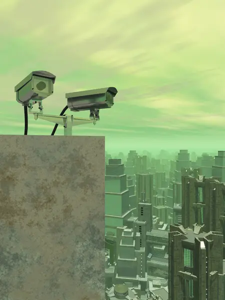 Câmeras Vigilância Sobre Uma Cidade Grande Fotos De Bancos De Imagens