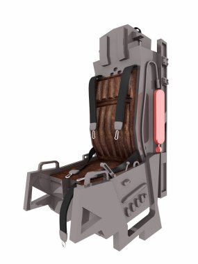 Beyaz arka planda izole edilmiş modern bir savaş uçağının pilot koltuğu.