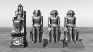 Eski Mısır 'dan siyah beyaz bir manzarada heykeller.