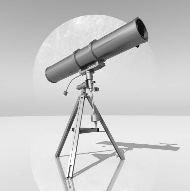 Siyah beyaz bir gezegenin önündeki teleskop.