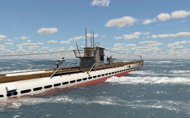 2. Dünya Savaşı 'nın Alman denizaltısı fırtınalı denizde.