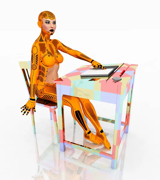 stock image Humanoid female robot with desk