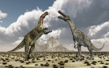 Dinozorlar Altirhinus ve Suchomimus bir arazide savaşıyor.