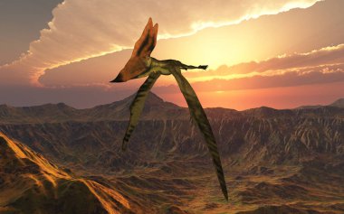 Pterosaur Thalassodromeus gün batımında bir dağ manzarasının üzerinde uçuyor.