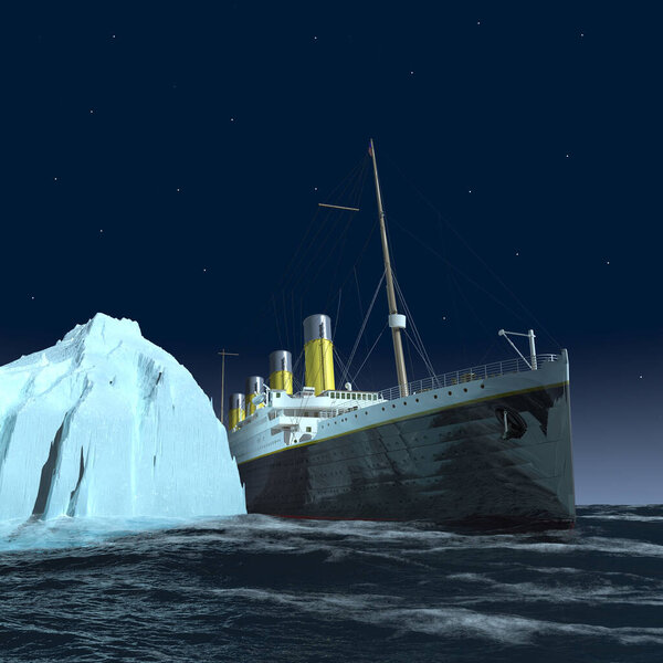 Historic passenger ship RMS Titanic and iceberg at night
