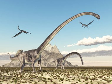 Dinozor Omeisaurus ve Pterosaur Quetzalcoatlus
