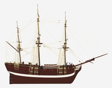 Beyaz arkaplanda izole edilmiş bir yelkenli firkateyninin yan görünümü