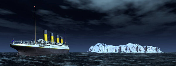 Historic passenger ship RMS Titanic and iceberg at night