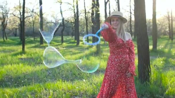 Kırmızı Elbiseli Bir Kadın Yeşil Bir Parkta Gün Batımında Sabun — Stok video