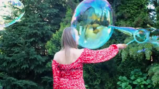Een Vrouw Een Rode Jurk Speelt Met Zeepbellen Het Groene — Stockvideo