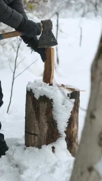 Nerozeznatelný Muž Ruce Sekání Dřeva Zimě Zasněžené Prostředí — Stock video