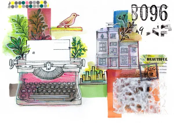 Çizimler, washi-tape, kağıt doku, keçeli kalemler ve mürekkep kullanan eski nesne ve binaların sanatsal tasviri