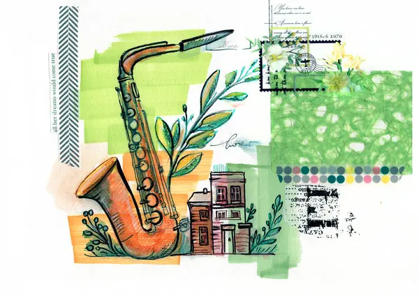 Çizimler, washi-tape, kağıt doku, keçeli kalemler ve mürekkep kullanan eski nesne ve binaların sanatsal tasviri