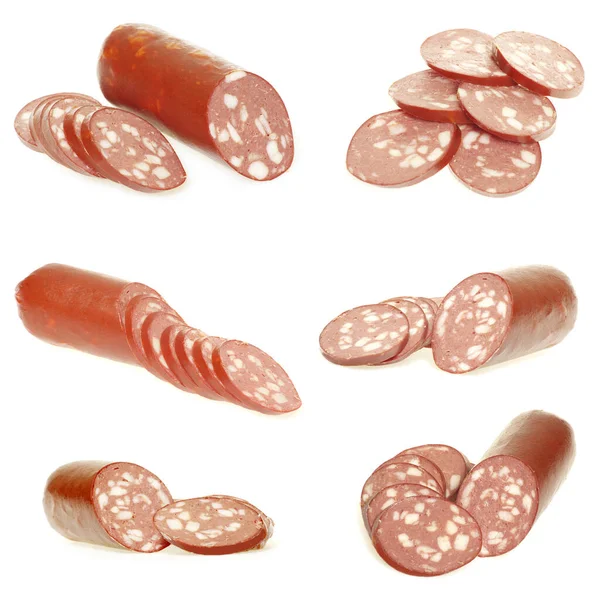 Sausage Cut Slices White Background — Stock Photo, Image