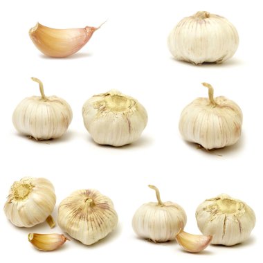 Beyaz arka plan üzerinde izole sarımsak koleksiyonları
