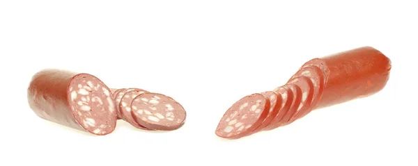 Sausage Cut Slices White Background — Stock Photo, Image