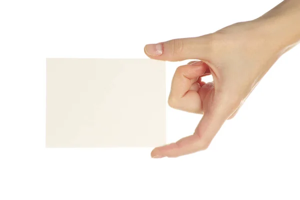 Κάρτα Κενά Στο Ένα Χέρι Άσπρο Φόντο — Φωτογραφία Αρχείου