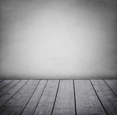 Grunge duvar ve ahşap yerde, bir oda dolusu iç panelli.