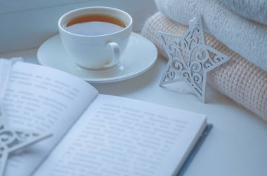 Cozy kış Natürmort: bir fincan sıcak çay ve pencere dışında kar manzara karşı sıcak ekose ile kitap.